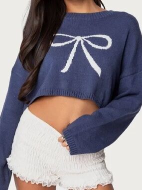 Edikted Navy Blue Knit Bow Cropped Soft Sweater